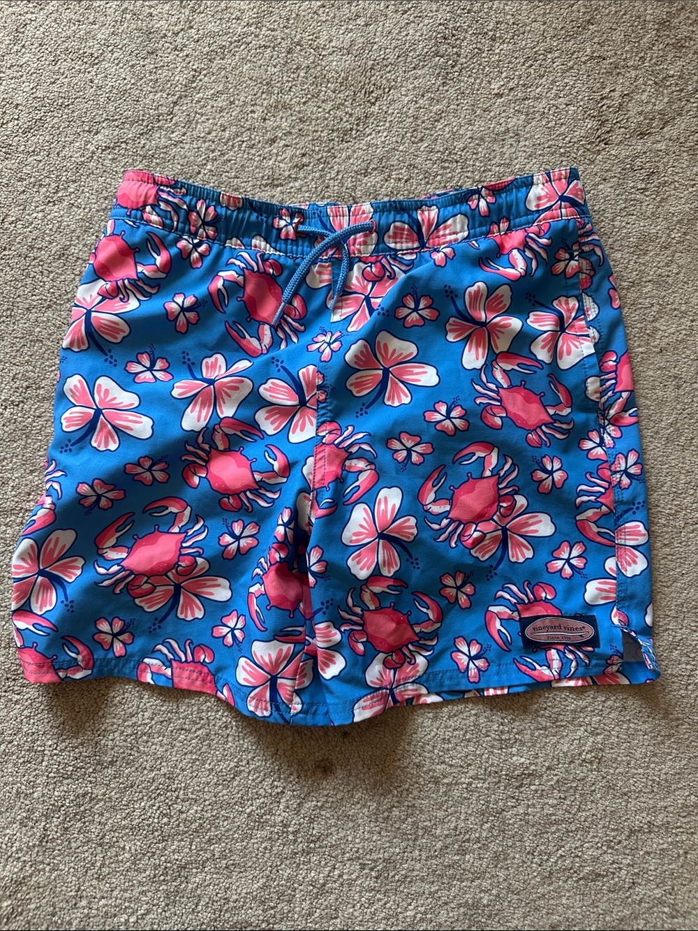 Vineyard Vines Blue Swim Shorts with Pink Crab & Floral Print